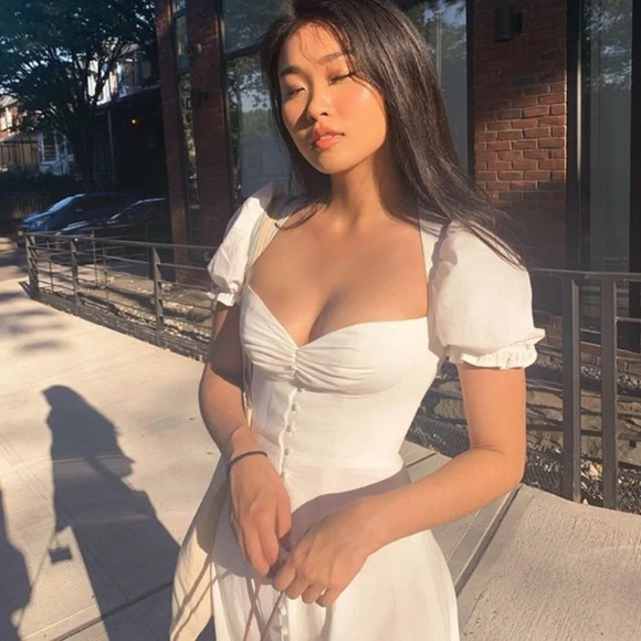 House of CB 'Ellery' Linen Puff Sleeve Sundress midi white‎ NWOT M - Picture 3 of 16